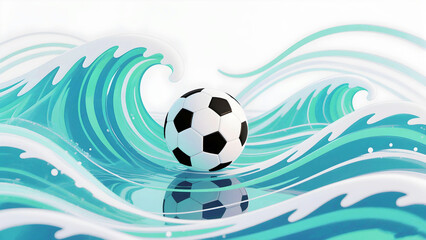 A black and white soccer ball rests on stylized, reflective turquoise waves with white foam, showcasing energy and water sports action