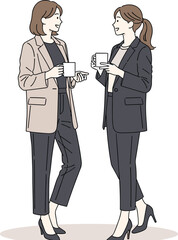 Professional, women, talking, coffee, mugs, workplace, casual, conversation, blazer, trousers, heels, interaction, social, business, attire, standing, colleagues, discussion, office, meeting