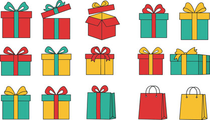 Colorful gift boxes and shopping bags collection, festive packaging design, holiday celebration, Christmas presents, retail marketing, decorative ribbons, bows, sale