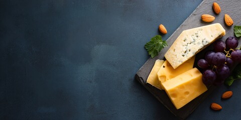 Wide panoramic cheese board display gourmet food tasting elegant setting close-up view culinary delight