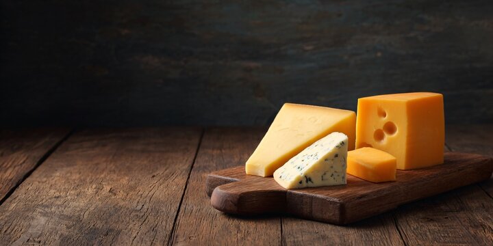 Delicious wide panoramic cheese board displayed on rustic wood table captivating food photography warm ambiance