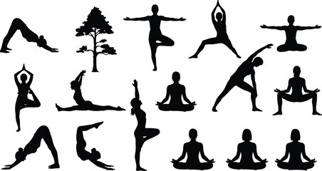 Yoga poses and meditation silhouette collection, woman practicing fitness, balance, and relaxation exercises, healthy lifestyle concept, spiritual wellness vector illustration