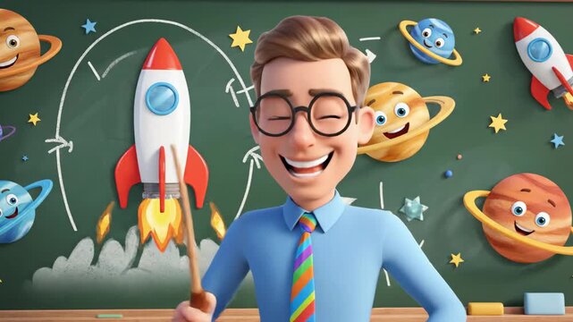 Cartoon teacher with rocket on chalkboard in classroom setting