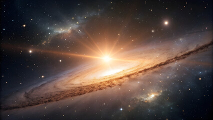 Stunning view of a distant spiral galaxy with a brilliant core, dark dust lanes, and a celestial backdrop of countless stars and nebulae