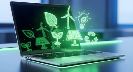 Laptop with glowing premium green-energy icons floating above, clean high-end tech lighting.