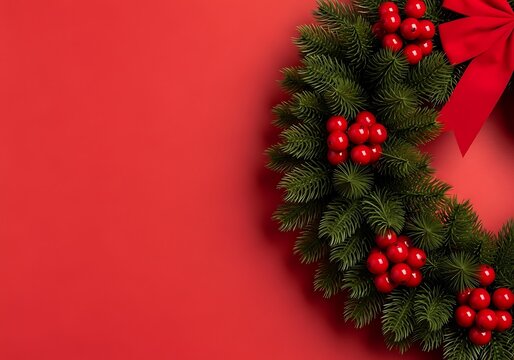 A traditional Christmas wreath with festive red berries and a bow on a solid red background with ample copy space - Powered by Adobe