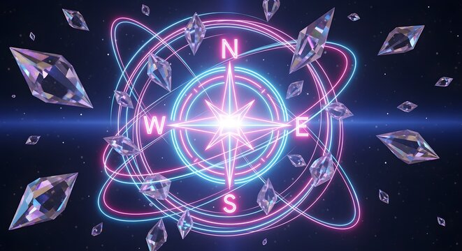 A creatively enhanced rephrasing of glowing neon compass icon with floating 3d shards and light rings spinning around it, depicted with richer detail and a more artistic presentation.