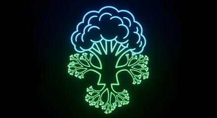 A creatively enhanced rephrasing of neon broccoli icon with glowing treetop silhouette and bright green fractal-style branches, depicted with richer detail and a more artistic presentation.