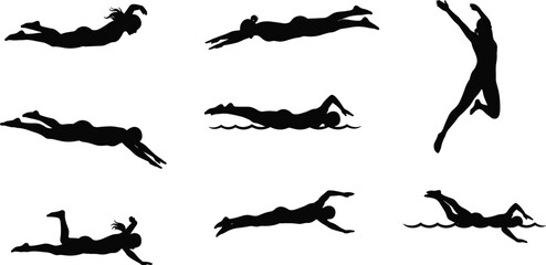 Silhouette swimming athletes collection, different water stroke poses and movements, professional swimmers training, sport action vector illustration, aquatic exercise concept design