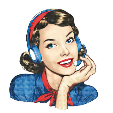 Colorful retro halftone illustration of a smiling woman call agent