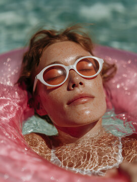 A close up of a freckled woman floating on a pink pool ring wears white oval sunglasses and basks in bright sunlight. Contemporary summer fashion mood with creative art direction and y2k aesthetics.
