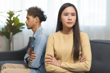 Breakup and depressed, asian young quarrel couple love fight relationship in trouble. Different people are emotion angry. Argue wife has expression upset with husband. Problem of family people.