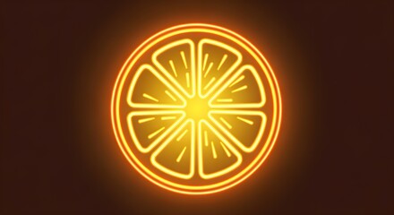 Neon orange slice icon with radiant citrus segments and warm yellow-orange glow, futuristic vector style.