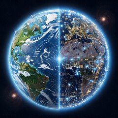 A digitally manipulated image of Earth showing the contrast between natural landscapes and urbanized areas illuminated at night, symbolizing the intersection of nature and technology