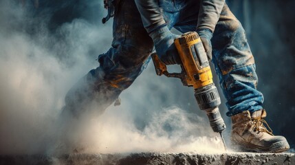 Taken from behind, a construction worker is drilling a concrete wall with a large, yellow hammer drill. The worker is wearing blue overalls and sturdy boots with buckles, a helmet