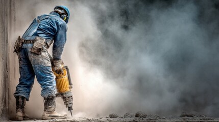Taken from behind, a construction worker is drilling a concrete wall with a large, yellow hammer drill. The worker is wearing blue overalls and sturdy boots with buckles, a helmet