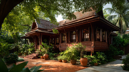 Fototapeta premium Traditional Thai Wooden House Surrounded by Lush Greenery and Tropical Plants in Serene Heritage Setting