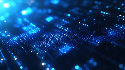 Tech-style digital flow background: glowing dots forming square outlines on blue base, close-up showing circuit-like intricate patterns, soft light creating depth and dynamism