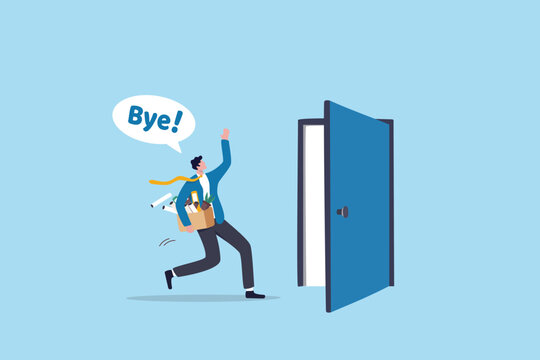 Quit job leaving company for new career, saying good bye to old workplace office, exit, escape or fired, work departure, offboarding separation, businessman saying bye while quitting job exit door.