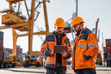 Two workers in safety gear using tablet at shipping port