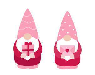 Valentine's Day gnomes holding gift box and a love letter vector clipart set.
Funny gnomes celebrate Valentine's Day illustration design.
White background.