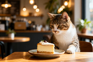Curious Cat Sitting at Wooden Café Table Looking at Slice of Cake, Coffee Cup and Festive Details, Cozy Pet Lifestyle Scene with Warm Light and Copy Space