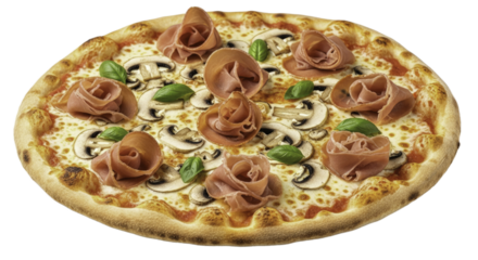 Gourmet Pizza with Prosciutto Roses Mushroom and Basil Arrangement for