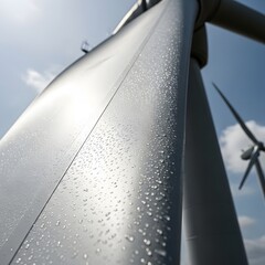Close-up of a modern wind turbine tower with water droplets on its surface against a cloudy sky background