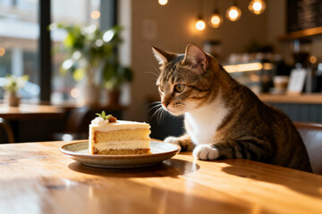 Adorable Cat in Coffee Shop Gazing at Cake on Wooden Table, Cup of Coffee Beside, Festive Decorations, Cozy Celebration Mood for Stock and Marketing Use