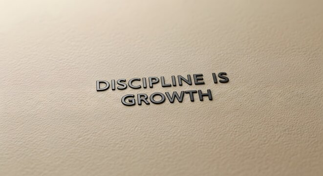 A close-up of metallic letter tiles arranged on a flat surface spelling out the phrase 'Discipline is Growth' to convey motivation and personal development themes