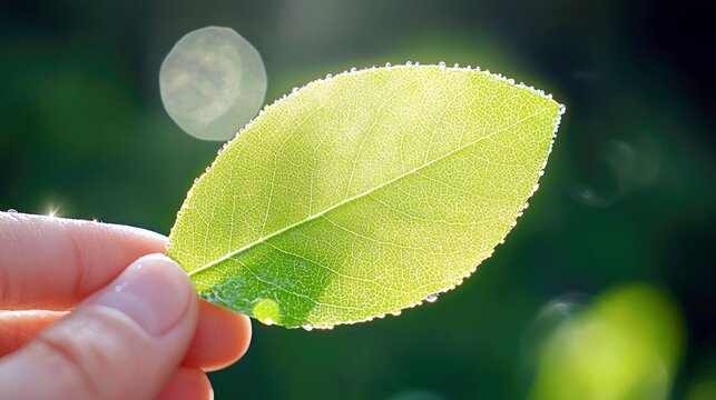 A person's hand gently holds a bright green leaf, showcasing its delicate veins and water droplets, illuminated by soft sunlight.