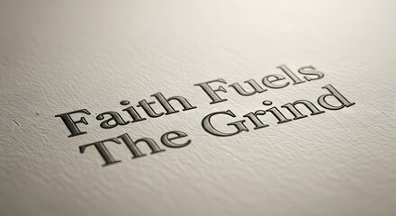 Close-up of embossed text on textured paper with the phrase 'Faith Fuels The Grind' emphasizing motivation and perseverance
