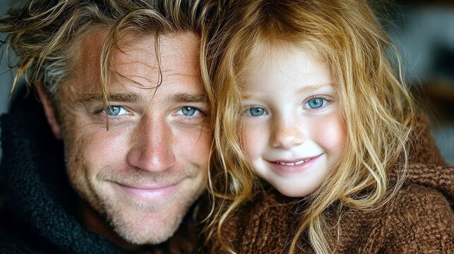 A man and a young girl, both with striking blue eyes and blonde hair, are captured in a close-up portrait, smiling warmly at the camera.