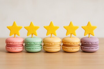 Sweet Success: Delightful macarons, each topped with a golden star, create a visually appealing arrangement, hinting at high ratings and exceptional quality.