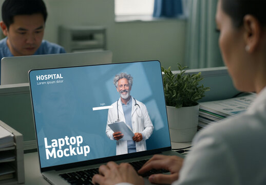 Doctor working on laptop screen mockup