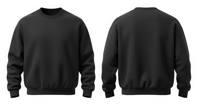 Two views of a plain black crew neck long sleeve sweatshirt shown from the front and back isolated on transparent background