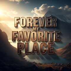 A stunning mountain landscape with a dramatic sky and the phrase 'Forever My Favorite Place' prominently displayed in bold, three-dimensional letters