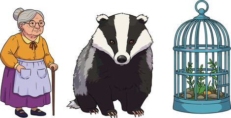 Elderly woman with walking stick, cartoon badger animal, green plants in birdcage, fairytale character illustration, fantasy wildlife and nature art
