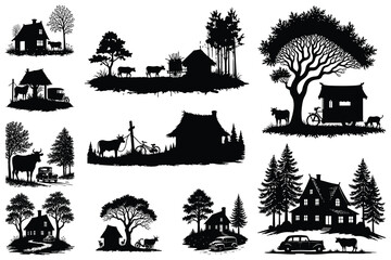 Obraz premium Rural village scenes with houses trees cows and vehicles