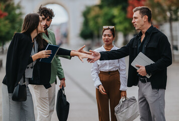 Diverse group of friends and colleagues connect with a handshake on a sunny urban street. They carry notebooks, bags, and a laptop, conveying teamwork, networking, and collaborative energy.
