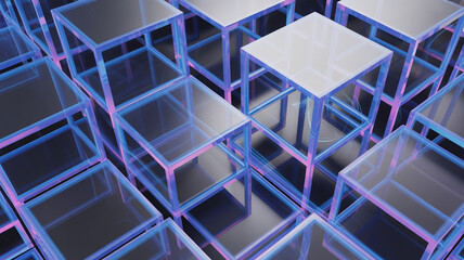 Fototapeta premium Abstract blue background with glass cubes and modern shopping architecture