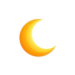 Bright yellow crescent moon glowing brightly against a clean white backdrop isolated.