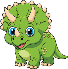 Cute cartoon triceratops dinosaur illustration, happy green baby dino character, prehistoric animal design for kids education and storybook art
