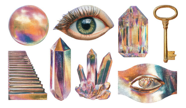 Iridescent Dreamcore Elements in Metallic Colors with Transparent Background