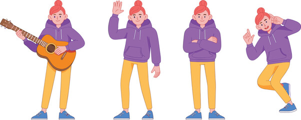 Cartoon character in different poses, playing guitar, waving hand, standing, and dancing, modern youth illustration for animation and design