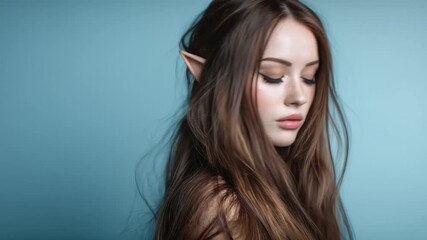 Portrait of a beautiful young elf woman on blue background. - Powered by Adobe