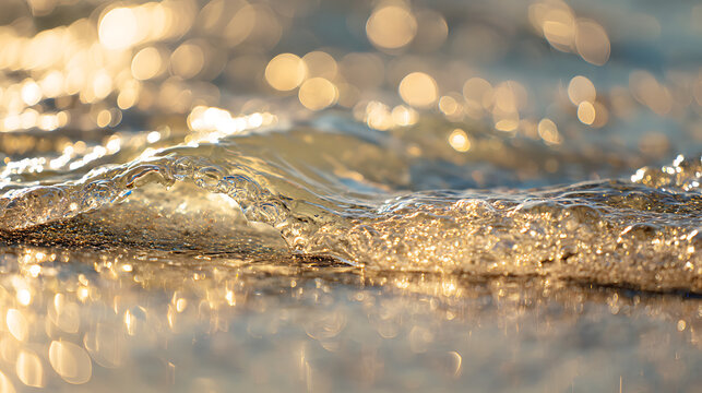 Shimmering close-up of a gentle wave reflecting golden hour sunlight