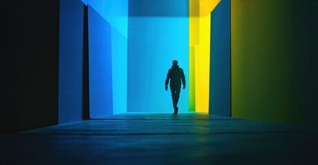 Fototapeta premium Silhouette walks toward bright light. Abstract colorful corridor creates dramatic effect. Minimalist composition, strong contrast present.
