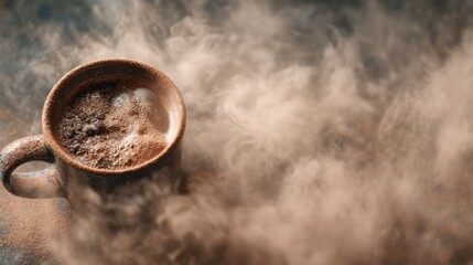 A close-up shot of a mug of hot coffee enveloped in warm, wispy steam