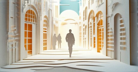 Fototapeta premium Papercraft city scene. Silhouetted figures walk toward bright light. Intricate details, warm tones, peaceful atmosphere.